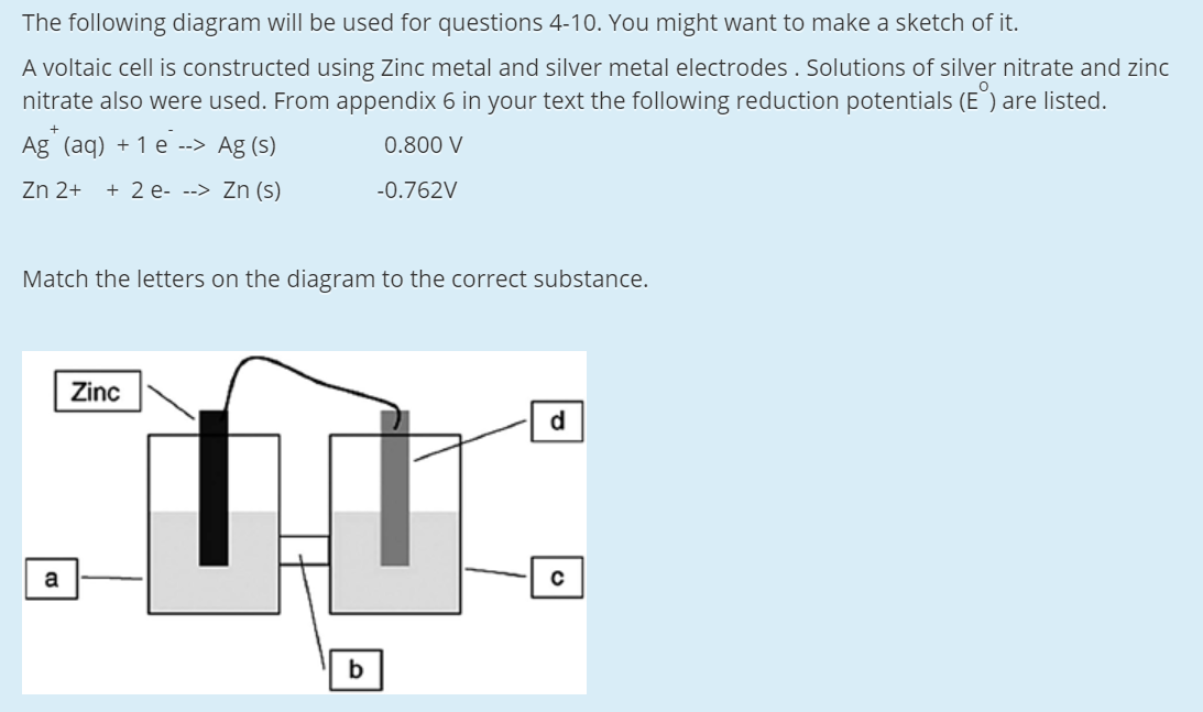 The following diagram will be used for questions 4-10. You might want to make a sketch of it.
A voltaic cell is constructed using Zinc metal and silver metal electrodes . Solutions of silver nitrate and zinc
nitrate also were used. From appendix 6 in your text the following reduction potentials (E are listed.
Ag (aq) + 1 e --> Ag (s)
0.800 V
Zn 2+
+ 2 e- --> Zn (s)
-0.762V
Match the letters on the diagram to the correct substance.
Zinc
