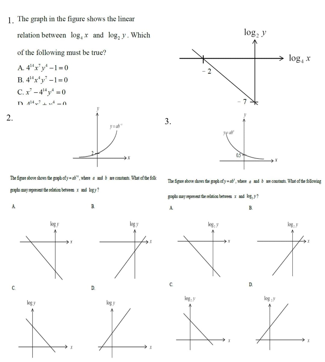 1. The graph in the figure shows the linear
relation between log₁ x and log₂ y. Which
A
of the following must be true?
A. 4¹4x7y4-1=0
B. 4¹4x¹y¹-1=0
C. x²-4¹4y4 = 0
D11474-0
C.
The figure above shows the graph of y=ab, where a and b are constants. What of the foll
graphs may represent the relation between x and logy?
log y
log y
B.
y=ab
D.
X
3.
"Fab
log y
X
log₂ y
log y
Ž Å
C.
log, y
0.5
The figure above shows the graph of y=ab', where a and b are constants. What of the following
graphs may represent the relation between x and log, y?
A
log₂ y
B.
log₁ x
4
D.
log, y
X
logy
Ž