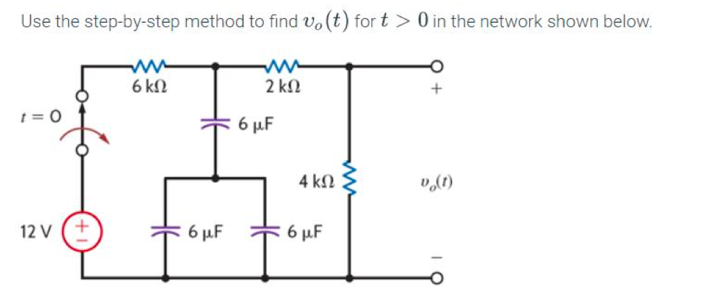 Use the step-by-step method to find vo(t) for t > 0 in the network shown below.
Μ
ww
6 ΚΩ
2 ΚΩ
1 = 0
6 μF
Τ
4 ΚΩ
12V +
6 μ.F
6 μ.F
(1)