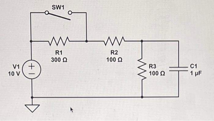 V1 / +
(+1
10 V
SW1
•
www
R1
300 Ω
www
R2
100 Ω
R3
100 Ω
C1
1 με