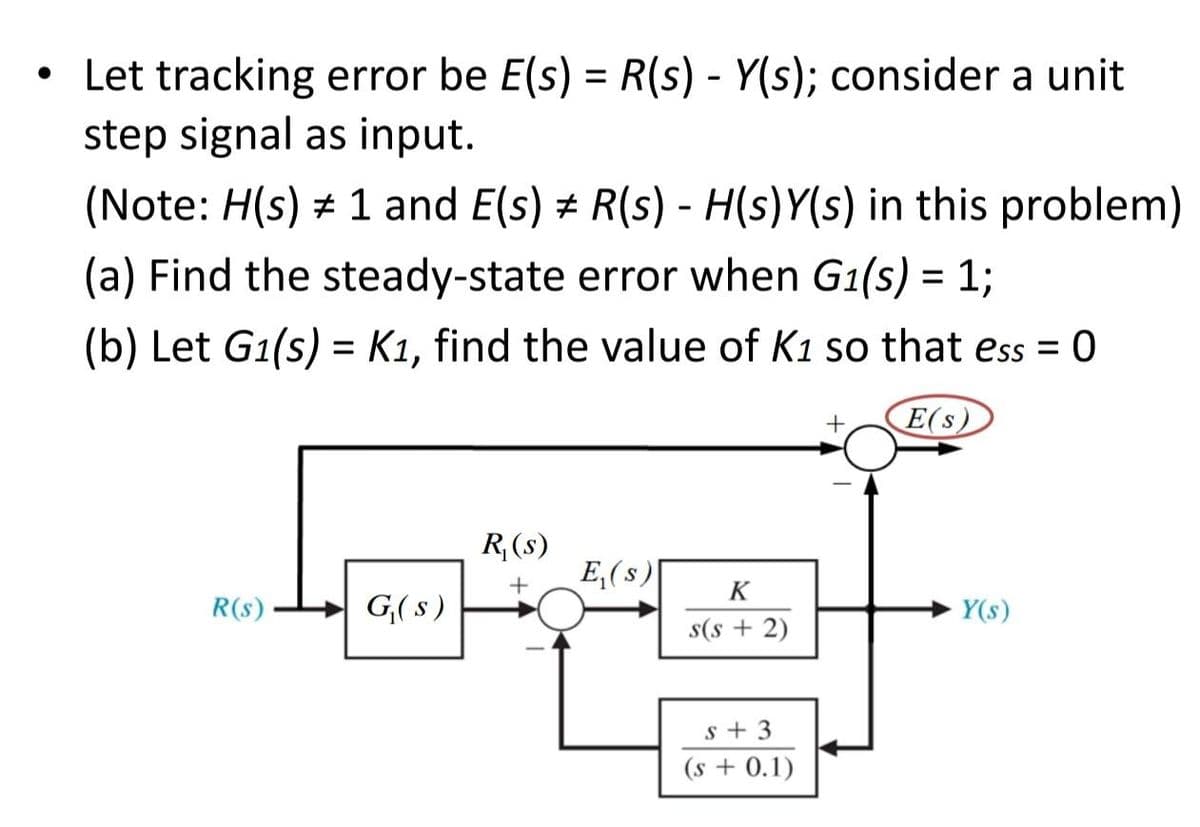 ●
Let tracking error be E(s) = R(s) - Y(s); consider a unit
step signal as input.
(Note: H(s) 1 and E(s) # R(s) - H(s)Y(s) in this problem)
(a) Find the steady-state error when G1(s) = 1;
(b) Let G₁(s) = K1, find the value of K1 so that ess = 0
E(s)
R(s)
G₁(s)
R₁ (s)
+
E₁(s)
K
s(s+ 2)
s+3
(s + 0.1)
+
Y(s)