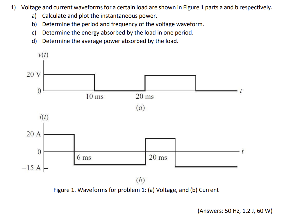 1) Voltage and current waveforms for a certain load are shown in Figure 1 parts a and b respectively.
a) Calculate and plot the instantaneous power.
b) Determine the period and frequency of the voltage waveform.
c) Determine the energy absorbed by the load in one period.
d) Determine the average power absorbed by the load.
v(t)
20 V
0
i(t)
20 A
0
-15 A
10 ms
6 ms
20 ms
(a)
20 ms
(b)
Figure 1. Waveforms for problem 1: (a) Voltage, and (b) Current
(Answers: 50 Hz, 1.2 J, 60 W)