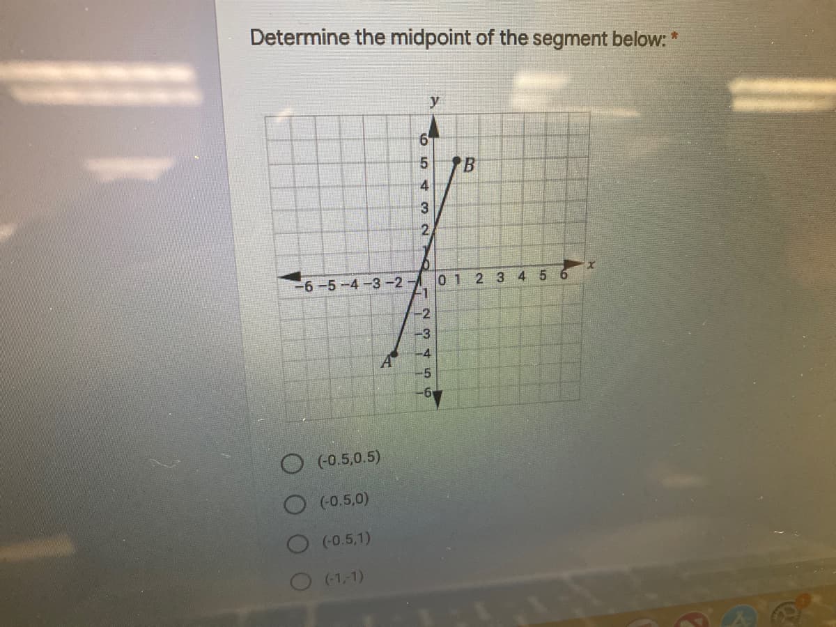 Determine the midpoint of the segment below: *
y
-6-5-4-3-2-0 1
-1
2 3 4 56
-2
-3
O (0.5,0.5)
(-0.5,0)
(-0.5,1)
(-1,-1)
B.
