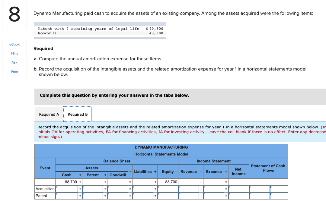 Dynamo Manufacturing paid cash to acquire the assets of an existing company. Among the assets acquired were the following items:
Patent with 4 remaining years of legal life
Goodwill
$ 40,800
43,300
eBook
Required
Hint
a. Compute the annual amortization expense for these items.
Ask
b. Record the acquisition of the intangible assets and the related amortization expense for year 1 in a horizontal statements model
shown below.
Print
Complete this question by entering your answers in the tabs below.
Required A
Required B
Record the acquisition of the intangible assets and the related amortization expense for year 1 in a horizontal statements model shown below. (In
initials OA for operating activities, FA for financing activities, IA for investing activity. Leave the cell blank if there is no effect. Enter any decrease
minus sign.)
DYNAMO MANUFACTURING
Horizontal Statements Model
Balance Sheet
Income Statement
Statement of Cash
Flows
Event
Assets
Net
Liabilities +
Equity
Revenue - Expense =
Cash
Patent
+ Goodwill
Income
88,700 +
88,700
Acquisition
Patent
00
