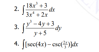 18x +3
2.
dx
3x* + 2x
3. jr'-4y+3
y' – 4y+3
-dy
y+5
4. [[sec(4x) – csc()]dx
