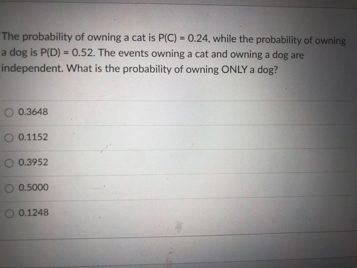 The probability of owning a cat is P(C) = 0.24, while the probability of owning
a dog is P(D) = 0.52. The events owning a cat and owning a dog are
independent. What is the probability of owning ONLY a dog?
0.3648
O 0.1152
0.3952
O 0.5000
O 0.1248
