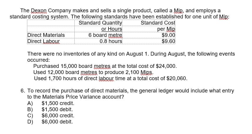 The Dexon Company makes and sells a single product, called a Mip, and employs a
standard costing system. The following standards have been established for one unit of Mip:
Standard Quantity
or Hours
6 board metre
0.8 hours
Standard Cost
per Mip
$9.00
$9.60
Direct Materials
Direct Labour
There were no inventories of any kind on August 1. During August, the following events
occurred:
Purchased 15,000 board metres at the total cost of $24,000.
Used 12,000 board metres to produce 2,100 Mips.
Used 1,700 hours of direct labour time at a total cost of $20,060.
6. To record the purchase of direct materials, the general ledger would include what entry
to the Materials Price Variance account?
$1,500 credit.
A)
$1,500 debit.
B)
$6,000 credit.
$6,000 debit.
