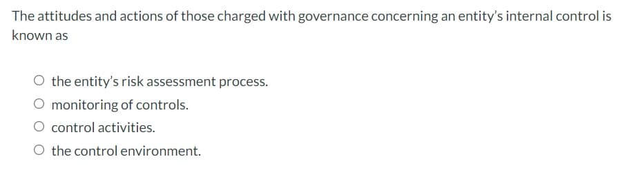 The attitudes and actions of those charged with governance concerning an entity's internal control is
known as
the entity's risk assessment process.
O monitoring of controls.
control activities.
O the control environment.
