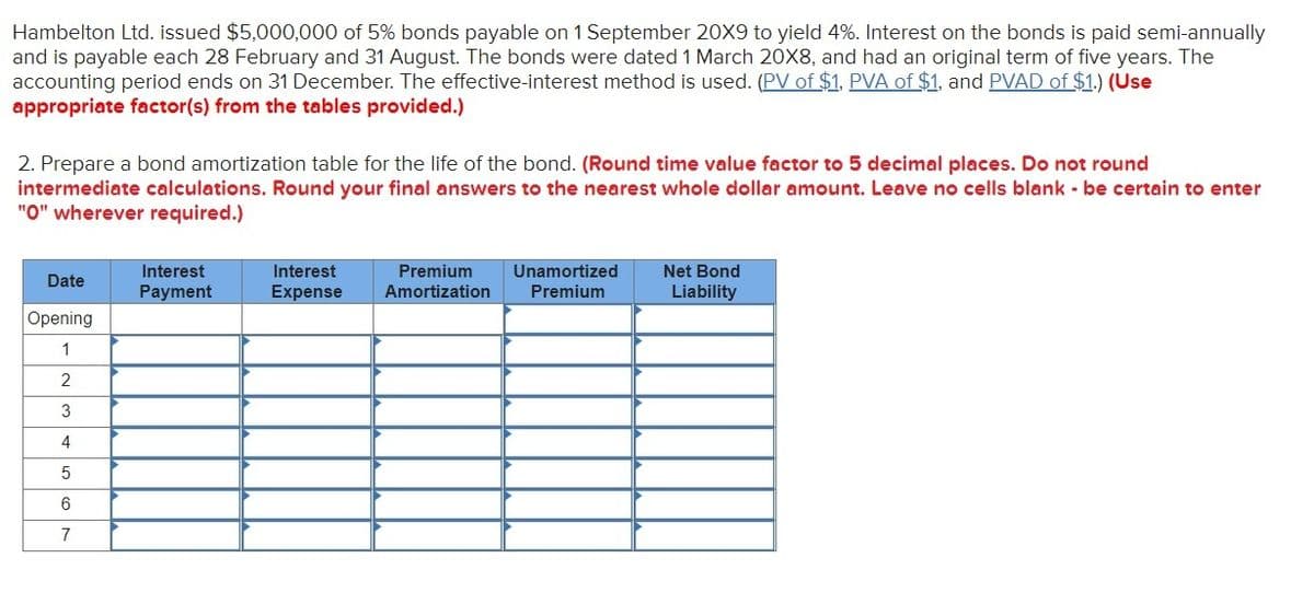 Hambelton Ltd. issued $5,000,000 of 5% bonds payable on 1 September 20X9 to yield 4%. Interest on the bonds is paid semi-annually
and is payable each 28 February and 31 August. The bonds were dated 1 March 20X8, and had an original term of five years. The
accounting period ends on 31 December. The effective-interest method is used. (PV of $1, PVA of $1, and PVAD of $1.) (Use
appropriate factor(s) from the tables provided.)
2. Prepare a bond amortization table for the life of the bond. (Round time value factor to 5 decimal places. Do not round
intermediate calculations. Round your final answers to the nearest whole dollar amount. Leave no cells blank - be certain to enter
"O" wherever required.)
Premium
Amortization
Interest
Interest
Unamortized
Net Bond
Date
Payment
Expense
Premium
Liability
Opening
1
2
4
7
