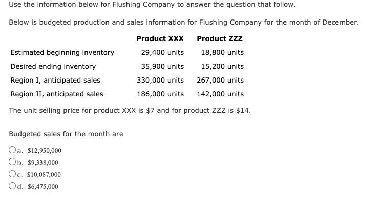 Use the information below for Flushing Company to answer the question that follow.
Below is budgeted production and sales information for Flushing Company for the month of December.
Product XXX
Product Zzz
Estimated beginning inventory
29,400 units
18,800 units
Desired ending inventory
35,900 units
15,200 units
Region I, anticipated sales
330,000 units
267,000 units
Region II, anticipated sales
186,000 units 142,000 units
The unit selling price for product XXX is $7 and for product ZzZ is $14.
Budgeted sales for the month are
Oa. S12,950,000
Оь. s9,338,000
Oc. S10,087,000
Od. $6,475,000
а.
