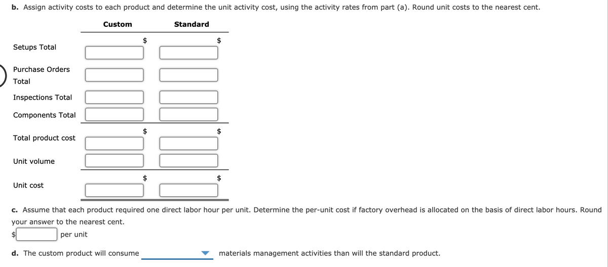 b. Assign activity costs to each product and determine the unit activity cost, using the activity rates from part (a). Round unit costs to the nearest cent.
Custom
Standard
$
2$
Setups Total
Purchase Orders
Total
Inspections Total
Components Total
Total product cost
Unit volume
$
Unit cost
c. Assume that each product required one direct labor hour per unit. Determine the per-unit cost if factory overhead is allocated on the basis of direct labor hours. Round
your answer to the nearest cent.
per unit
d. The custom product will consume
materials management activities than will the standard product.
