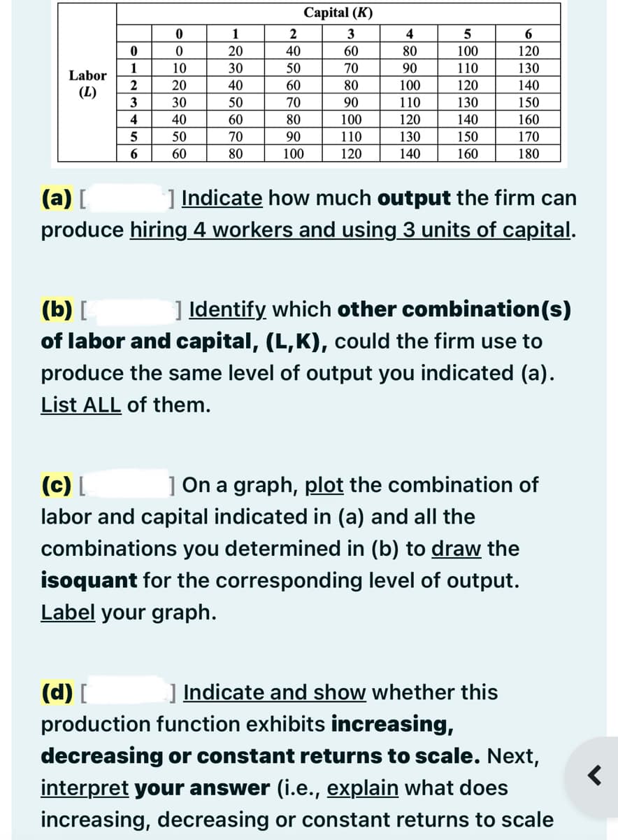 Labor
(L)
0
1
2
3
4
5
6
0
0
10
20
30
40
50
60
1
20
30
40
50
60
70
80
Capital (K)
3
60
70
80
90
100
110
120
2
40
50
60
70
80
90
100
4
80
90
100
110
120
130
140
5
100
110
120
130
140
150
160
6
120
130
140
150
160
170
180
(a) [
] Indicate how much output the firm can
produce hiring 4 workers and using 3 units of capital.
(b) [
] Identify which other combination(s)
of labor and capital, (L,K), could the firm use to
produce the same level of output you indicated (a).
List ALL of them.
(c) [
] On a graph, plot the combination of
labor and capital indicated in (a) and all the
combinations you determined in (b) to draw the
isoquant for the corresponding level of output.
Label your graph.
(d) [
] Indicate and show whether this
production function exhibits increasing,
decreasing or constant returns to scale. Next,
interpret your answer (i.e., explain what does
increasing, decreasing or constant returns to scale