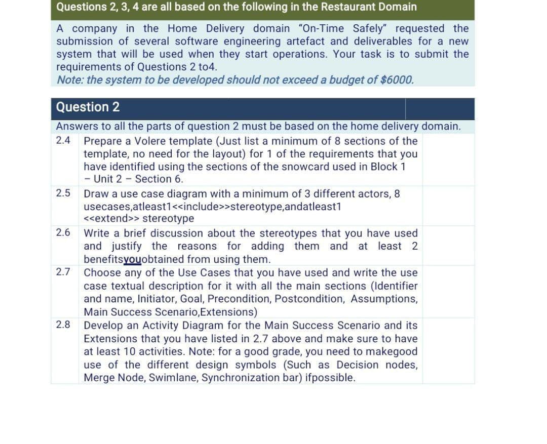 Questions 2, 3, 4 are all based on the following in the Restaurant Domain
A company in the Home Delivery domain "On-Time Safely" requested the
submission of several software engineering artefact and deliverables for a new
system that will be used when they start operations. Your task is to submit the
requirements of Questions 2 to4.
Note: the system to be developed should not exceed a budget of $6000.
Question 2
Answers to all the parts of question 2 must be based on the home delivery domain.
2.4 Prepare a Volere template (Just list a minimum of 8 sections of the
template, no need for the layout) for 1 of the requirements that you
have identified using the sections of the snowcard used in Block 1
- Unit 2 - Section 6.
2.5
2.6
2.7
2.8
Draw a use case diagram with a minimum of 3 different actors, 8
usecases,atleast1 <<include>>stereotype,andatleast1
<<extend>> stereotype
Write a brief discussion about the stereotypes that you have used
and justify the reasons for adding them and at least 2
benefitsyouobtained from using them.
Choose any of the Use Cases that you have used and write the use
case textual description for it with all the main sections (Identifier
and name, Initiator, Goal, Precondition, Postcondition, Assumptions,
Main Success Scenario, Extensions)
Develop an Activity Diagram for the Main Success Scenario and its
Extensions that you have listed in 2.7 above and make sure to have
at least 10 activities. Note: for a good grade, you need to makegood
use of the different design symbols (Such as Decision nodes,
Merge Node, Swimlane, Synchronization bar) ifpossible.