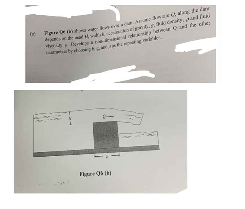 (b)
Figure Q6 (b) shows water flows over a dam. Assume flowrate Q, along the dam
depends on the head H, width b, acceleration of gravity, g, fluid density, p and fluid
viscosity μ. Develope a non-dimensional relationship between Q and the other
parameters by choosing b, g, and p as the repeating variables.
H
£
·6-
Figure Q6 (b)