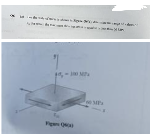 Q6 (a) For the state of stress is shown in Figure Q6(a), determine the range of values of
T for which the maximum shearing stress is equal to or less than 60 MPa.
1
40,-100 MPa
Figare Q6(a)
60 MPa