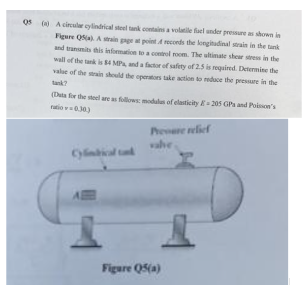 Q5 (a) A circular cylindrical steel tank contains a volatile fuel under pressure as shown in
Figure Q5(a). A strain gage at point A records the longitudinal strain in the tank
and transmits this information to a control room. The ultimate shear stress in the
wall of the tank is 84 MPa, and a factor of safety of 2.5 is required. Determine the
value of the strain should the operators take action to reduce the pressure in the
tank?
(Data for the steel are as follows: modulus of elasticity E= 205 GPa and Poisson's
ratio v=0.30.)
A
Presure relief
valve
Figure Q5(a)