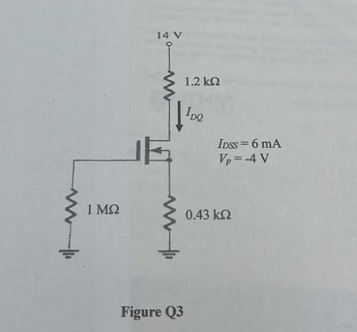 1 ΜΩ
14 V .
Figure Q3
1.2 ΚΩ
Igo
Inss = 6 mA
Vp=4V
0.43 ΚΩ