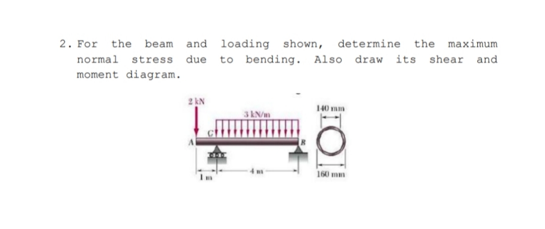 2. For
loading
shown,
to bending.
the
beam
and
determine
the maximum
normal
stress
due
Also
draw
its
shear and
moment diagram.
2 kN
140 mm
3 kN/m
160 mm
Im
