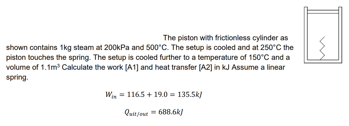 The piston with frictionless cylinder as
shown contains 1kg steam at 200kPa and 500°C. The setup is cooled and at 250°C the
piston touches the spring. The setup is cooled further to a temperature of 150°C and a
volume of 1.1m³ Calculate the work [A1] and heat transfer [A2] in kJ Assume a linear
spring.
Win
=
116.5 + 19.0 = 135.5kJ
Quit/out = 688.6kJ