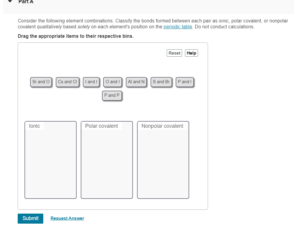 Part A
Consider the following element combinations. Classify the bonds formed between each pair as ionic, polar covalent, or nonpolar
covalent qualitatively based solely on each element's position on the periodic table. Do not conduct calculations.
Drag the appropriate items to their respective bins.
Sr and O Cs and Cl
lonic
Submit Request Answer
I and
O and I
P and P
Polar covalent
Al and N
Reset Help
S and Br
P and I
Nonpolar covalent