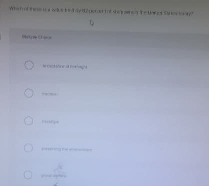 Which of these is a value held by 82 percent of shoppers in the United States foday?
Multiple Choice
acceptance of birthright
tradition
nostalgia
group i