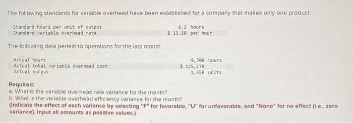 The following standards for variable overhead have been established for a company that makes only one product:
Standard hours per unit of output
Standard variable overhead rate
The following data pertain to operations for the last month:
Actual hours.
Actual total variable overhead cost
Actual output
6.2 hours
$13.50 per hour
9,700 hours
$ 125,170
1,550 units
Required:
a. What is the variable overhead rate variance for the month?
b. What is the variable overhead efficiency variance for the month?
(Indicate the effect of each variance by selecting "F" for favorable, "U" for unfavorable, and "None" for no effect (i.e., zero
variance). Input all amounts as positive values.)