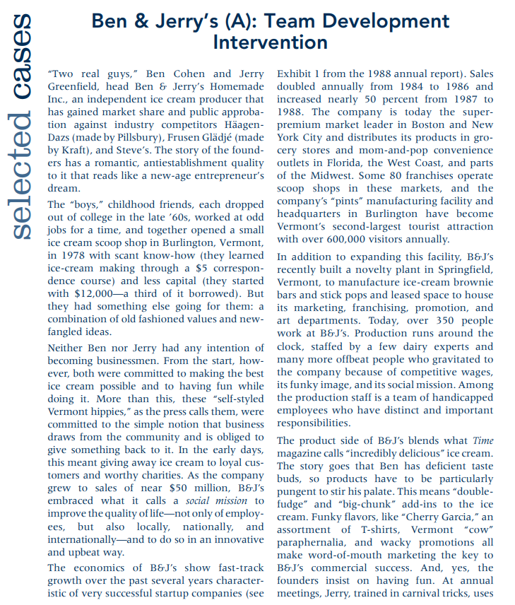 Ben & Jerry's (A): Team
Intervention
Development
"Two real guys," Ben Cohen and Jerry Exhibit 1 from the 1988 annual report). Sales
Greenfield, head Ben & Jerry's Homemade doubled annually from 1984 to 1986 and
Inc., an independent ice cream producer that increased nearly 50 percent from 1987 to
has gained market share and public approba- 1988. The company is today the super-
tion against industry competitors Häagen- premium market leader in Boston and New
Dazs (made by Pillsbury), Frusen Glädjé (made York City and distributes its products in gro-
by Kraft), and Steve's. The story of the found- cery stores and mom-and-pop convenience
ers has a romantic, antiestablishment quality outlets in Florida, the West Coast, and parts
to it that reads like a new-age entrepreneur's of the Midwest. Some 80 franchises operate
dream.
scoop shops in these markets, and the
The "boys," childhood friends, each dropped company's “pints" manufacturing facility and
out of college in the late '60s, worked at odd headquarters in Burlington have become
jobs for a time, and together opened a small Vermont's second-largest tourist attraction
ice cream scoop shop in Burlington, Vermont, with over 600,000 visitors annually.
in 1978 with scant know-how (they learned In addition to expanding this facility, B&J's
ice-cream making through a $5 correspon- recently built a novelty plant in Springfield,
dence course) and less capital (they started Vermont, to manufacture ice-cream brownie
with $12,000–a third of it borrowed). But bars and stick pops and leased space to house
they had something else going for them: a its marketing, franchising, promotion, and
combination of old fashioned values and new- art departments. Today, over 350 people
fangled ideas.
Neither Ben nor Jerry had any intention of clock, staffed by a few dairy experts and
becoming businessmen. From the start, how- many more offbeat people who gravitated to
ever, both were committed to making the best the company because of competitive wages,
ice cream possible and to having fun while its funky image, and its social mission. Among
doing it. More than this, these "self-styled the production staff is a team of handicapped
Vermont hippies," as the press calls them, were employees who have distinct and important
committed to the simple notion that business responsibilities.
draws from the community and is obliged to The product side of B&J's blends what Time
give something back to it. In the early days, magazine calls "incredibly delicious" ice cream.
this meant giving away ice cream to loyal cus- The story goes that Ben has deficient taste
tomers and worthy charities. As the company buds, so products have to be particularly
grew to sales of near $50 million, B&J's pungent to stir his palate. This means "double-
embraced what it calls a social mission to fudge" and "big-chunk" add-ins to the ice
improve the quality of life-not only of employ-
ees, but also locally, nationally, and assortment of T-shirts, Vermont "cow"
internationallyand to do so in an innovative paraphernalia, and wacky promotions all
and upbeat way.
The economics of B&J's show fast-track B&J's commercial success. And, yes, the
growth over the past several years character- founders insist on having fun. At annual
istic of very successful startup companies (see meetings, Jerry, trained in carnival tricks, uses
work at B&J's. Production runs around the
cream. Funky flavors, like "Cherry Garcia," an
make word-of-mouth marketing the key to
selected cases
