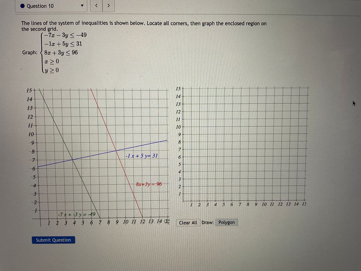 Question 10
The lines of the system of inequalities is shown below. Locate all corners, then graph the enclosed region on
the second grid.
-7x-3y
- 1x + 5y ≤ 31
Graph: 8x+3y ≤ 96
x>0
Y≥0
15
14
13
12
11
10
9
-8
7
6
5
4
-3
-2
T
A
-49
Submit Question
-1 x + 5 y= 31
8x+3y=96
-7x + 3y = -49
1 2 3 4 5 6 7 8 9 10 11 12 13 14 as
15+
14-
13
12
11
10+
9
8
7
6 +
5
4+
3+
2
1
1 2 3 4 5 6 7
Clear All Draw: Polygon
8 9 10 11 12 13 14 15