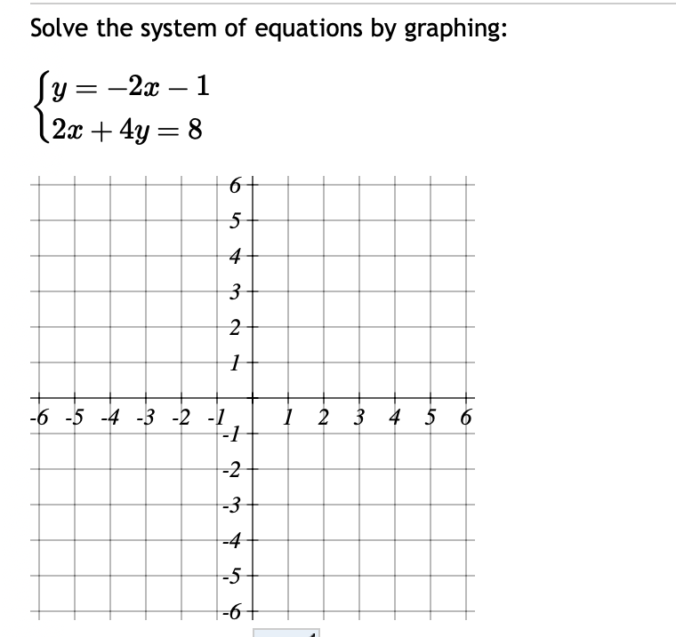 ### Solving Systems of Equations by Graphing

#### Problem:
Solve the system of equations by graphing:

\[
\begin{cases}
y = -2x - 1 \\
2x + 4y = 8
\end{cases}
\]

#### Solution:
1. **Graph the First Equation**: \(y = -2x - 1\)

   - This is a linear equation in slope-intercept form \(y = mx + b\), where \(m\) is the slope and \(b\) is the y-intercept.
   - The y-intercept \(b = -1\), which means the line crosses the y-axis at \((0, -1)\).
   - The slope \(m = -2\) indicates that for every 1 unit increase in \(x\), \(y\) decreases by 2 units.

2. **Graph the Second Equation**: \(2x + 4y = 8\)

   - First, simplify this equation to the slope-intercept form \(y = mx + b\).
   - \(2x + 4y = 8\)
   - Subtract \(2x\) from both sides: \(4y = -2x + 8\).
   - Divide by 4: \(y = -\frac{1}{2}x + 2\).
   - This line crosses the y-axis at \((0, 2)\) and has a slope of \(-\frac{1}{2}\).

#### Instructions for Graphing:

1. **Plot the first line \(y = -2x - 1\)**:
   - Start at the point \((0, -1)\) on the y-axis.
   - From there, use the slope \(-2\) to find another point. For instance, if \(x = 1\), then \(y = -2(1) - 1 = -3\). So, plot the point \((1, -3)\).
   - Draw a straight line through these points.

2. **Plot the second line \(y = -\frac{1}{2}x + 2\)**:
   - Start at the point \((0, 2)\) on the y-axis.
   - From there, use the slope \(-\frac{1}{2}\) to find another point.