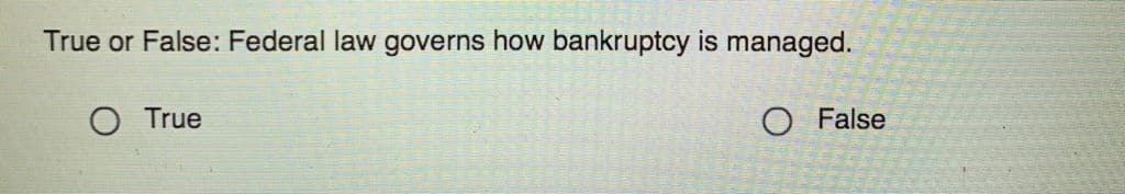 True or False: Federal law governs how bankruptcy is managed.
O True
O False
