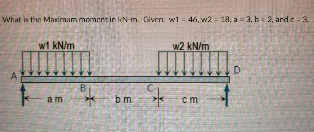 What is the Maximum moment in kN-m. Given: w1 = 46, w2 = 18, a = 3, b 2, and c = 3.
w1 kN/m
w2 kN/m
B.
am
bm
em
A,
