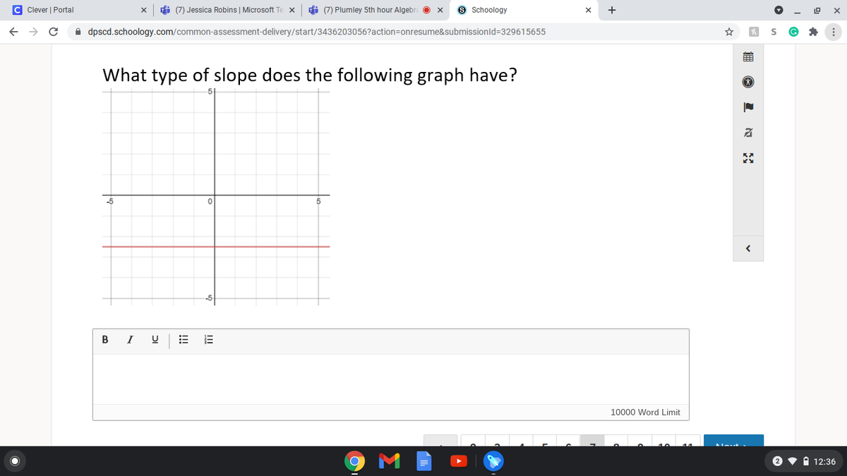 C Clever | Portal
di (7) Jessica Robins | Microsoft Te x
di (7) Plumley 5th hour Algebra O x
9 Schoology
+
->
A dpscd.schoology.com/common-assessment-delivery/start/3436203056?action=onresume&submissionld=329615655
What type of slope does the following graph have?
-5
5
B
I
10000 Word Limit
2 • A 12:36
!!!
