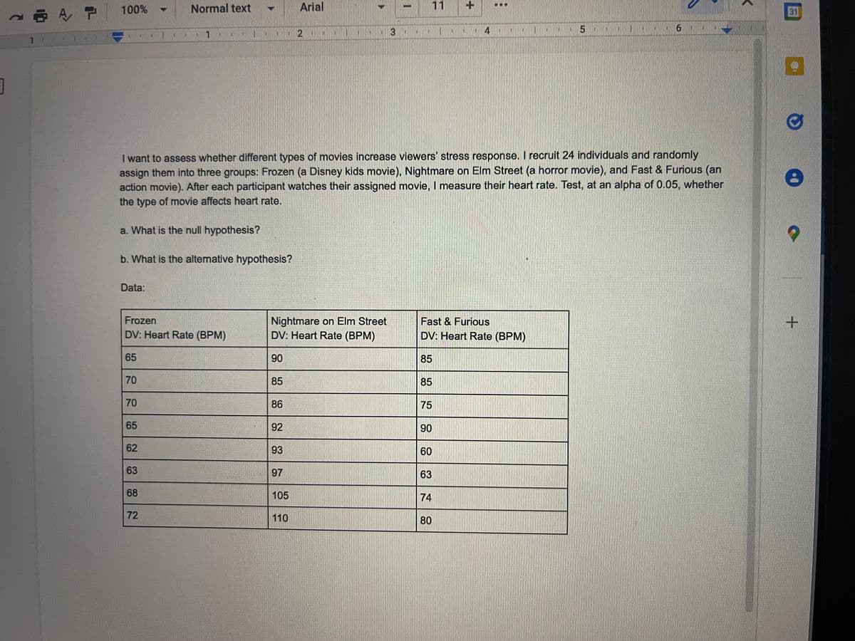 O A P 100%
Normal text
Arial
11
31
4
1.
1
I want to assess whether different types of movies increase viewers' stress response. I recruit 24 individuals and randomly
assign them into three groups: Frozen (a Disney kids movie), Nightmare on Elm Street (a horror movie), and Fast & Furious (an
action movie). After each participant watches their assigned movie, I measure their heart rate. Test, at an alpha of 0.05, whether
the type of movie affects heart rate.
a. What is the null hypothesis?
b. What is the alternative hypothesis?
Data:
Nightmare on Elm Street
DV: Heart Rate (BPM)
Frozen
+
Fast & Furious
DV: Heart Rate (BPM)
DV: Heart Rate (BPM)
65
90
85
70
85
85
70
86
75
65
92
90
62
93
60
63
97
63
68
105
74
72
110
80
