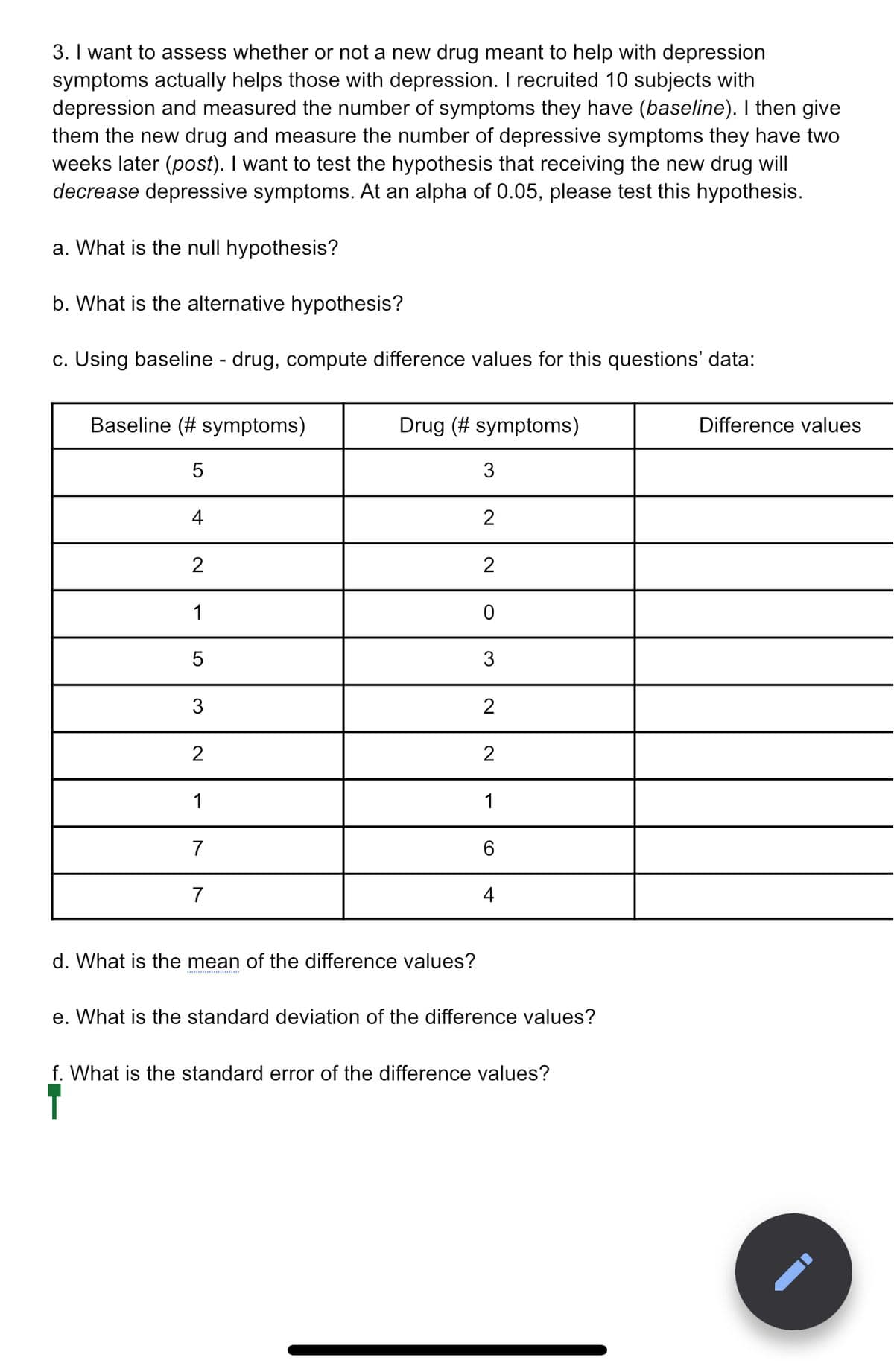 3. I want to assess whether or not a new drug meant to help with depression
symptoms actually helps those with depression. I recruited 10 subjects with
depression and measured the number of symptoms they have (baseline). I then give
them the new drug and measure the number of depressive symptoms they have two
weeks later (post). I want to test the hypothesis that receiving the new drug will
decrease depressive symptoms. At an alpha of 0.05, please test this hypothesis.
a. What is the null hypothesis?
b. What is the alternative hypothesis?
c. Using baseline - drug, compute difference values for this questions' data:
Baseline (# symptoms)
Drug (# symptoms)
Difference values
5
3
4
2
1
5
3
3
2
2
2
1
1
7
6
7
4
d. What is the mean of the difference values?
e. What is the standard deviation of the difference values?
f. What is the standard error of the difference values?
