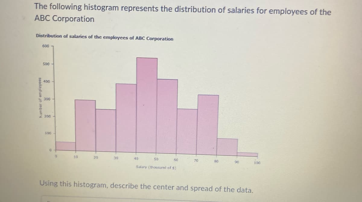 The following histogram represents the distribution of salaries for employees of the
ABC Corporation
Distribution of salaries of the employees of ABC Corporation
Number of employees
600
500-
400-
300
200
100-
0
0
10
20
30
40
50
60
Salary (thousand of 5)
70
80
90
Using this histogram, describe the center and spread of the data.
100