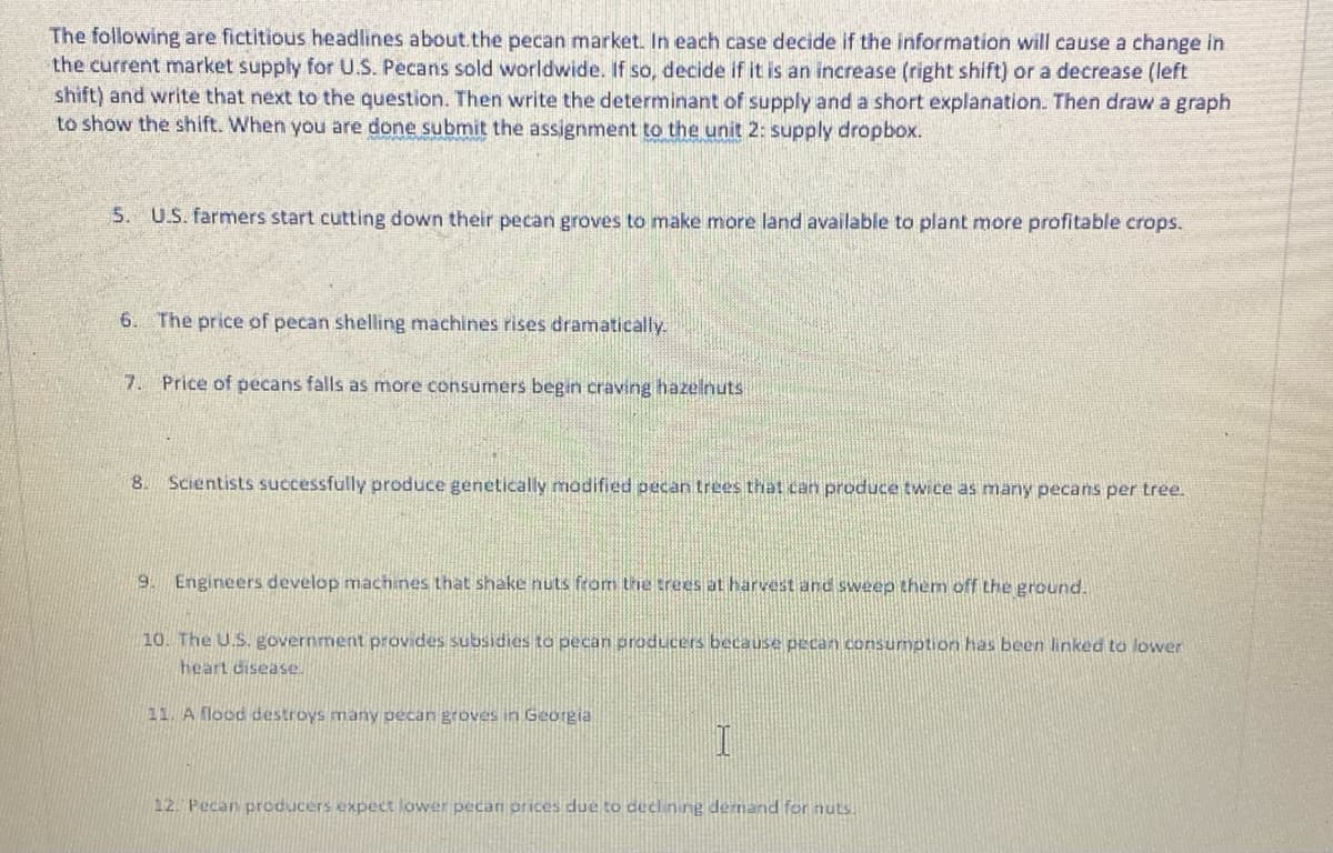 The following are fictitious headlines about the pecan market. In each case decide if the information will cause a change in
the current market supply for U.S. Pecans sold worldwide. If so, decide if it is an increase (right shift) or a decrease (left
shift) and write that next to the question. Then write the determinant of supply and a short explanation. Then draw a graph
to show the shift. When you are done submit the assignment to the unit 2: supply dropbox.
5. U.S. farmers start cutting down their pecan groves to make more land available to plant more profitable crops.
6. The price of pecan shelling machines rises dramatically.
7. Price of pecans falls as more consumers begin craving hazelnuts
8. Scientists successfully produce genetically modified pecan trees that can produce twice as many pecans per tree.
9. Engineers develop machines that shake nuts from the trees at harvest and sweep them off the ground.
10. The U.S. government provides subsidies to pecan producers because pecan consumption has been linked to lower
heart disease.
11. A flood destroys many pecan groves in Georgia
I
12. Pecan producers expect lower pecan prices due to declining demand for nuts.