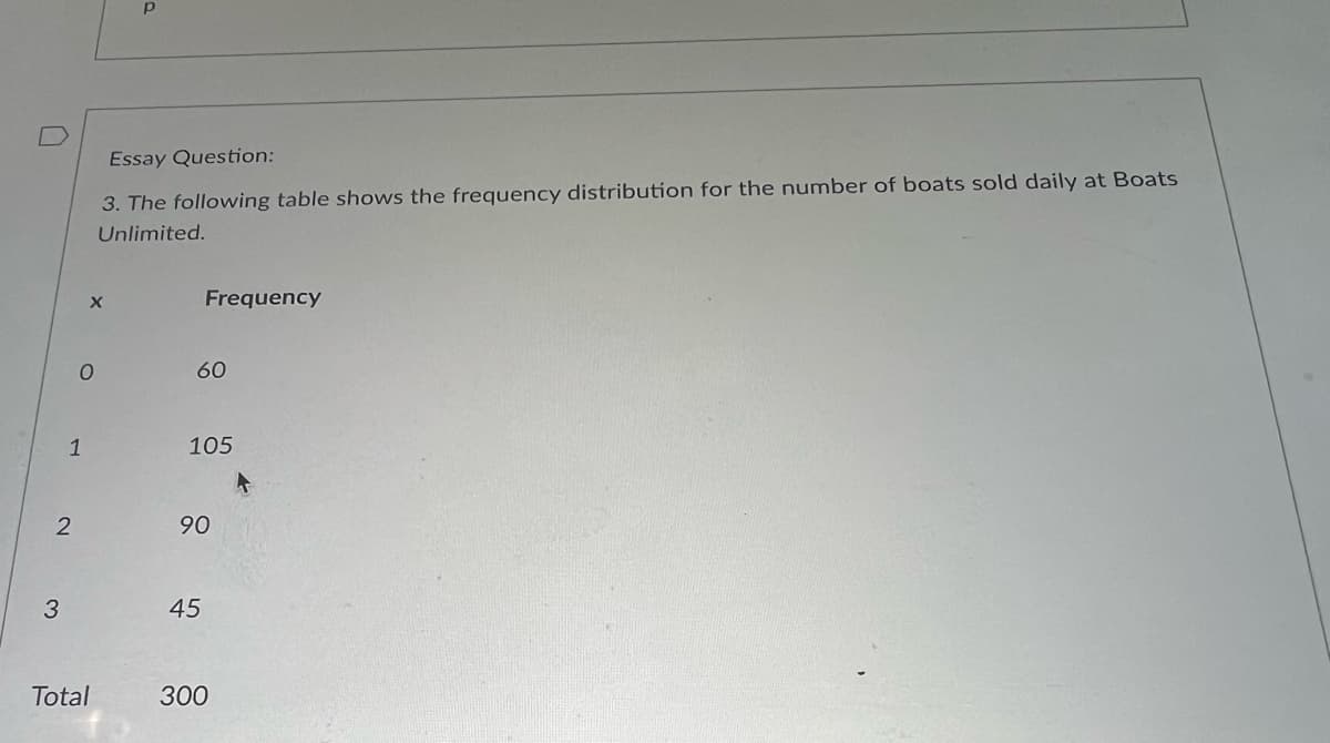 2
3
1
X
O
Essay Question:
3. The following table shows the frequency distribution for the number of boats sold daily at Boats
Unlimited.
Total
р
Frequency
60
105
90
45
300