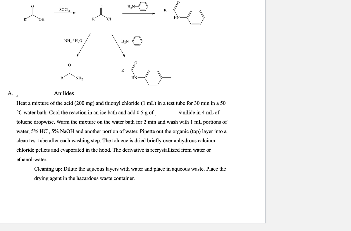 A.
R
OH
SOCI₂
До
R
Cl
NH3 / H₂O
H₂N-
H₂N-
R
གྱི
R
NH₂
HN
R
HN
Anilides
Heat a mixture of the acid (200 mg) and thionyl chloride (1 mL) in a test tube for 30 min in a 50
°C water bath. Cool the reaction in an ice bath and add 0.5 g of
/anilide in 4 mL of
toluene dropwise. Warm the mixture on the water bath for 2 min and wash with 1 mL portions of
water, 5% HCl, 5% NaOH and another portion of water. Pipette out the organic (top) layer into a
clean test tube after each washing step. The toluene is dried briefly over anhydrous calcium
chloride pellets and evaporated in the hood. The derivative is recrystallized from water or
ethanol-water.
Cleaning up: Dilute the aqueous layers with water and place in aqueous waste. Place the
drying agent in the hazardous waste container.