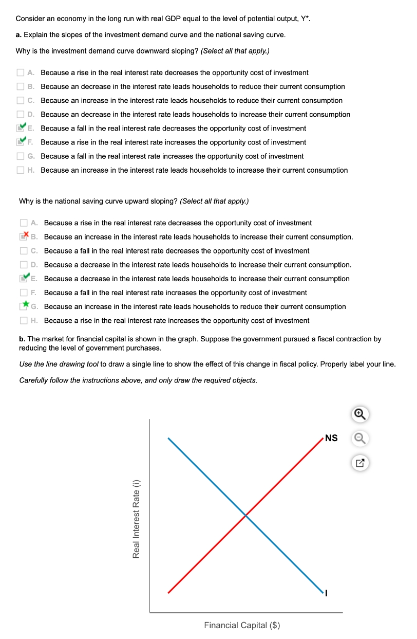 Consider an economy in the long run with real GDP equal to the level of potential output, Y*.
a. Explain the slopes of the investment demand curve and the national saving curve.
Why is the investment demand curve downward sloping? (Select all that apply.)
O A.
Because a rise in the real interest rate decreases the opportunity cost of investment
O B. Because an decrease in the interest rate leads households to reduce their current consumption
O c. Because an increase in the interest rate leads households to reduce their current consumption
O D.
Because an decrease in the interest rate leads households to increase their current consumption
YE.
Because a fall in the real interest rate decreases the opportunity cost of investment
Y F.
Because a rise in the real interest rate increases the opportunity cost of investment
O G. Because a fall in the real interest rate increases the opportunity cost of investment
O H. Because an increase in the interest rate leads households to increase their current consumption
Why is the national saving curve upward sloping? (Select all that apply.)
O A. Because a rise in the real interest rate decreases the opportunity cost of investment
E B. Because an increase in the interest rate leads households to increase their current consumption.
O c. Because a fall in the real interest rate decreases the opportunity cost of investment
O D. Because a decrease in the interest rate leads households to increase their current consumption.
VE.
Because a decrease in the interest rate leads households to increase their current consumption
O F. Because a fall in the real interest rate increases the opportunity cost of investment
LG. Because an increase in the interest rate leads households to reduce their current consumption
O H. Because a rise in the real interest rate increases the opportunity cost of investment
b. The market for financial capital is shown in the graph. Suppose the government pursued a fiscal contraction by
reducing the level of government purchases.
Use the line drawing tool to draw a single line to show the effect of this change in fiscal policy. Properly label your line.
Carefully follow the instructions above, and only draw the required objects.
NS
Financial Capital ($)
Real Interest Rate (i)
