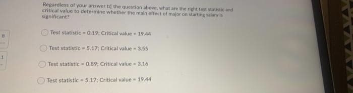 Regardless of your answer te the question above, what are the right test statistic and
critical value to determine whether the main effect of major on starting salary is
significant?
Test statistic = 0.19; Critical value 19.44
Test statistic - 5.17; Critical value = 3,55
Test statistic - 0.89; Critical value = 3.16
Test statistic = 5.17; Critical value - 19.44
