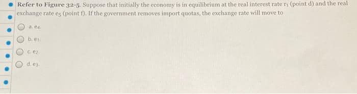 Refer to Figure 32-5. Suppose that initially the economy is in equilibrium at the real interest rate ri (point d) and the real
exchange rate es (point f). If the government removes import quotas, the exchange rate will move to
a.e4.
b. es.
cez
d. e3