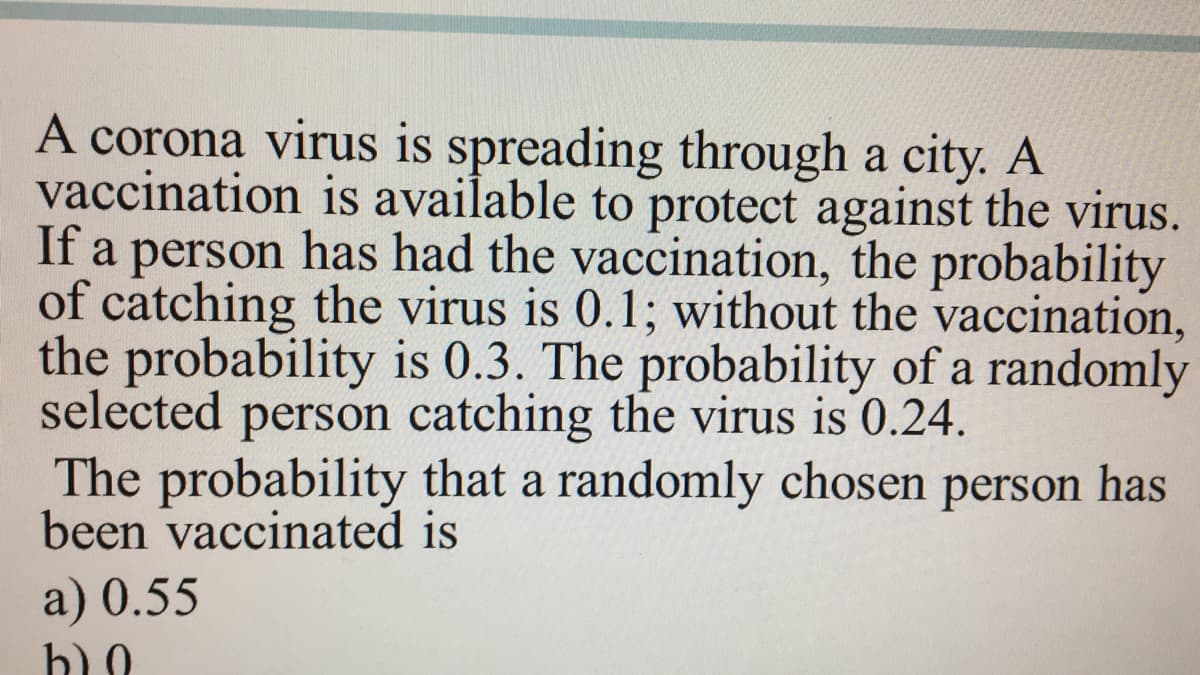 A corona virus is spreading through a city. A
vaccination is available to protect against the virus.
If a person has had the vaccination, the probability
of catching the virus is 0.1; without the vaccination,
the probability is 0.3. The probability of a randomly
selected person catching the virus is 0.24.
The probability that a randomly chosen person has
been vaccinated is
a) 0.55
b) 0
