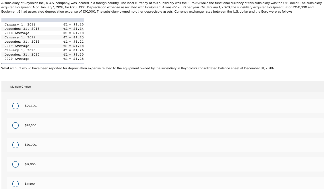 A subsidiary of Reynolds Inc., a U.S. company, was located in a foreign country. The local currency of this subsidiary was the Euro (€) while the functional currency of this subsidiary was the U.S. dollar. The subsidiary
acquired Equipment A on January 1, 2018, for €250,000. Depreciation expense associated with Equipment A was €25,000 per year. On January 1, 2020, the subsidiary acquired Equipment B for €150,000 and
Equipment B had associated depreciation expense of €10,000. The subsidiary owned no other depreciable assets. Currency exchange rates between the U.S. dollar and the Euro were as follows:
January 1, 2018
December 31, 2018.
2018 Average
January 1, 2019
December 31, 2019
2019 Average
January 1, 2020
December 31, 2020
2020 Average
Multiple Choice
O
What amount would have been reported for depreciation expense related to the equipment owned by the subsidiary in Reynolds's consolidated balance sheet at December 31, 2018?
O
O
O
$29,500.
$28,500.
$30,000.
$12,000.
€1= $1.20
€1= $1.14
€1 $1.18
$11,800.
€1= $1.15
€1= $1.21
€1= $1.18
€1= $1.26
€1= $1.30
€1 $1.28