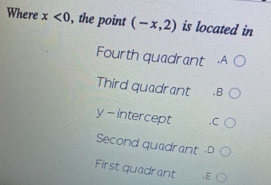 Where x <0, the point (-x,2) is located in
Fourth quadrant AO
Third quadrant
y-intercept
.CO
Second quadrant DO
First quadrant