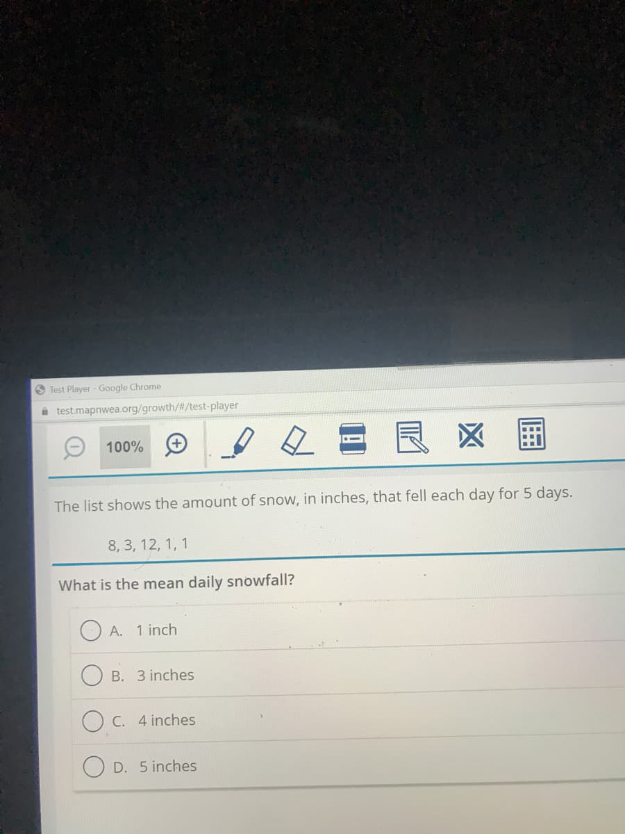### Understanding Mean Daily Snowfall

The image provides information about the amount of snow, measured in inches, that fell each day over a span of 5 days. Below is the list of recorded snowfall:

- **Day 1:**  8 inches
- **Day 2:** 3 inches
- **Day 3:** 12 inches
- **Day 4:** 1 inch
- **Day 5:** 1 inch

#### Question: What is the mean daily snowfall?

To determine the mean (average) daily snowfall, we need to follow these steps:

1. **Sum of Snowfall Amounts:** Add up the total amount of snowfall over the 5 days.
   \( 8 + 3 + 12 + 1 + 1 = 25 \) inches

2. **Number of Days:** Note that the recorded data spans 5 days.

3. **Calculate the Mean:** Divide the total snowfall by the number of days.
   \[
   \text{Mean Daily Snowfall} = \frac{\text{Total Snowfall}}{\text{Number of Days}} = \frac{25}{5} = 5 \text{ inches}
   \]

Hence, the mean daily snowfall is:

**D. 5 inches**

### Multiple Choice Options:

- **A. 1 inch**
- **B. 3 inches**
- **C. 4 inches**
- **D. 5 inches**

The correct answer is **D.** 5 inches.

### Explanation:
The mean daily snowfall provides an average measure of how much snow fell per day over the observed period, helping to understand overall snowfall trends and preparing for similar future conditions. Calculating the mean is essential for many fields, including meteorology and environmental science, in analyzing and predicting weather patterns.