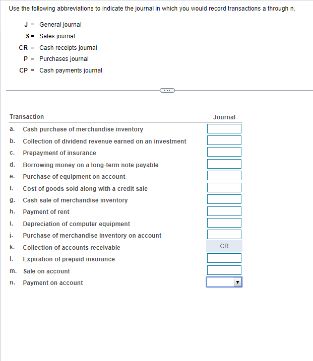 Use the following abbreviations to indicate the journal in which you would record transactions a through n.
J = General journal
S = Sales journal
CR
P = Purchases journal
CP Cash payments journal
Cash receipts journal
Transaction
a.
Cash purchase of merchandise inventory
b. Collection of dividend revenue earned on an investment
C. Prepayment of insurance
d. Borrowing money on a long-term note payable
e. Purchase of equipment on account
f. Cost of goods sold along with a credit sale
Cash sale of merchandise inventory
Payment of rent
j.
k.
I.
g.
h.
i. Depreciation of computer equipment
Purchase of merchandise inventory on account
Collection of accounts receivable
Expiration of prepaid insurance
m.
Sale on account
n. Payment on account
Journal
CR