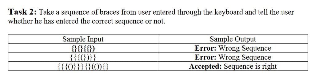 Task 2: Take a sequence of braces from user entered through the keyboard and tell the user
whether he has entered the correct sequence or not.
Sample Input
{}{}{{})
{{{(})}}
{{{0}}}{}(0){}
Sample Output
Error: Wrong Sequence
Error: Wrong Sequence
Accepted: Sequence is right
