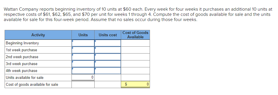 Wattan Company reports beginning inventory of 10 units at $60 each. Every week for four weeks it purchases an additional 10 units at
respective costs of $61, $62, $65, and $70 per unit for weeks 1 through 4. Compute the cost of goods available for sale and the units
available for sale for this four-week period. Assume that no sales occur during those four weeks.
Activity
Beginning Inventory
1st week purchase
2nd week purchase
3rd week purchase
4th week purchase
Units available for sale
Cost of goods available for sale
Units
Units cost
Cost of Goods
Available
S
0