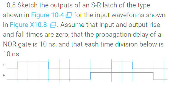 10.8 Sketch the outputs of an S-R latch of the type
shown in Figure 10-4 O for the input waveforms shown
in Figure X10.8 D. Assume that input and output rise
and fall times are zero, that the propagation delay of a
NOR gate is 10 ns, and that each time division below is
10 ns.
