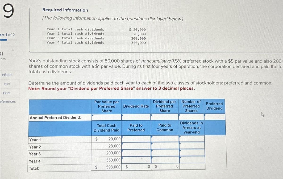 9
art 1 of 2
41
nts
eBook
Hint
Print
eferences
Required information
[The following information applies to the questions displayed below.]
Year 1 total cash dividends
Year 2 total cash dividends
Year 3 total cash dividends
Year 4 total cash dividends
York's outstanding stock consists of 80,000 shares of noncumulative 7.5% preferred stock with a $5 par value and also 200,
shares of common stock with a $1 par value. During its first four years of operation, the corporation declared and paid the fol
total cash dividends:
Year 1
Year 2
Year 3
Year 4
Total:
Determine the amount of dividends paid each year to each of the two classes of stockholders: preferred and common.
Note: Round your "Dividend per Preferred Share" answer to 3 decimal places.
Annual Preferred Dividend:
Par Value per
Preferred
Share
Total Cash
Dividend Paid
$
$ 20,000
28,000
200,000
350,000
$
Dividend Rate
Paid to
Preferred
20,000
28,000
200,000
350,000
598,000 $
0
Dividend per
Preferred
Share
Paid to
Common
$
0
Number of
Preferred
Shares
Dividends in
Arrears at
year-end
Preferred
Dividend
